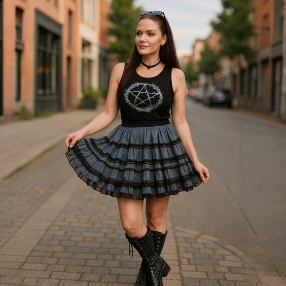 Long Time Gone Black Cropped Tank Barbed Wire Pentagram Graphic Gothic M - Picture 1 of 8